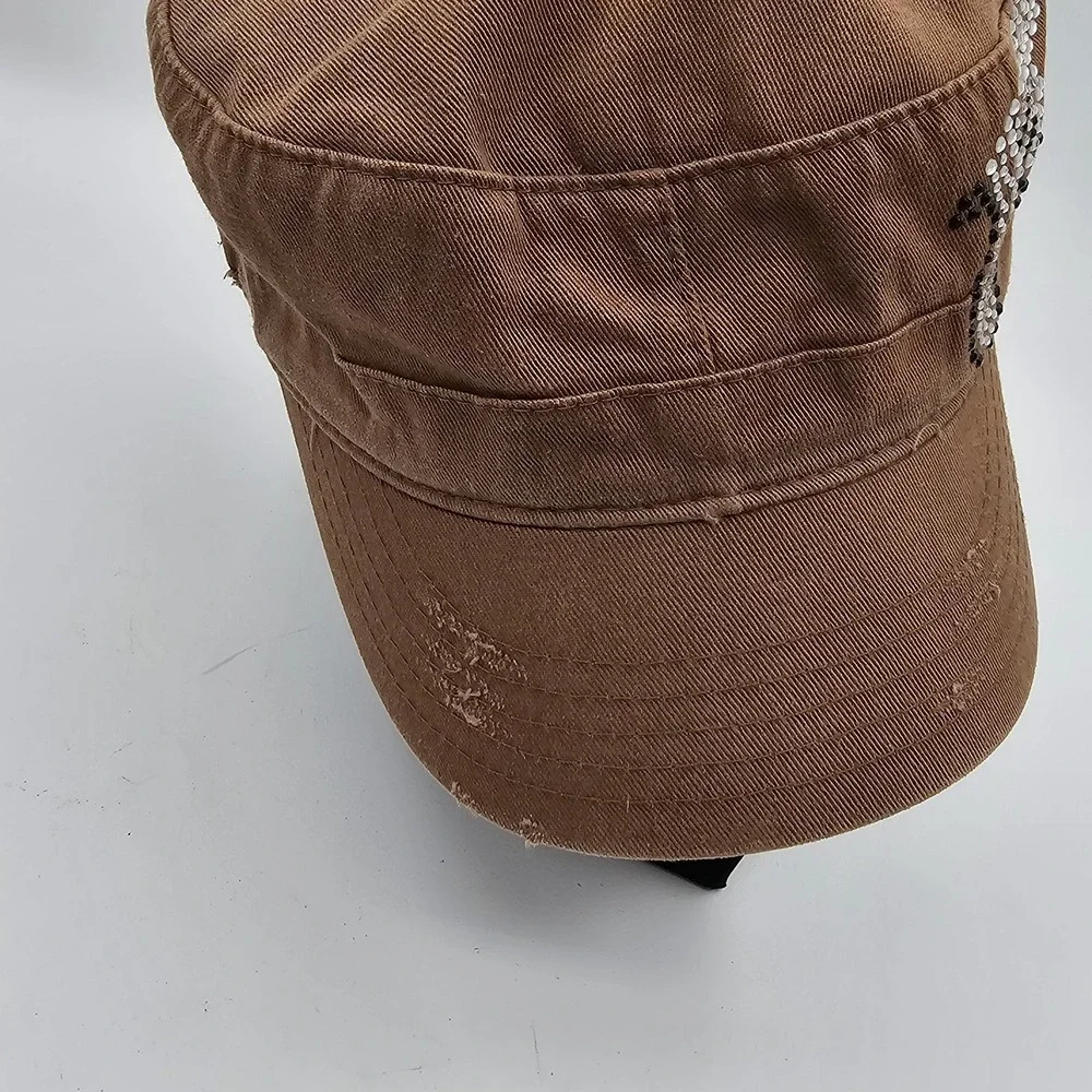 Brown Distressed Cadet Cap with Rhinestone Crossed Pistols